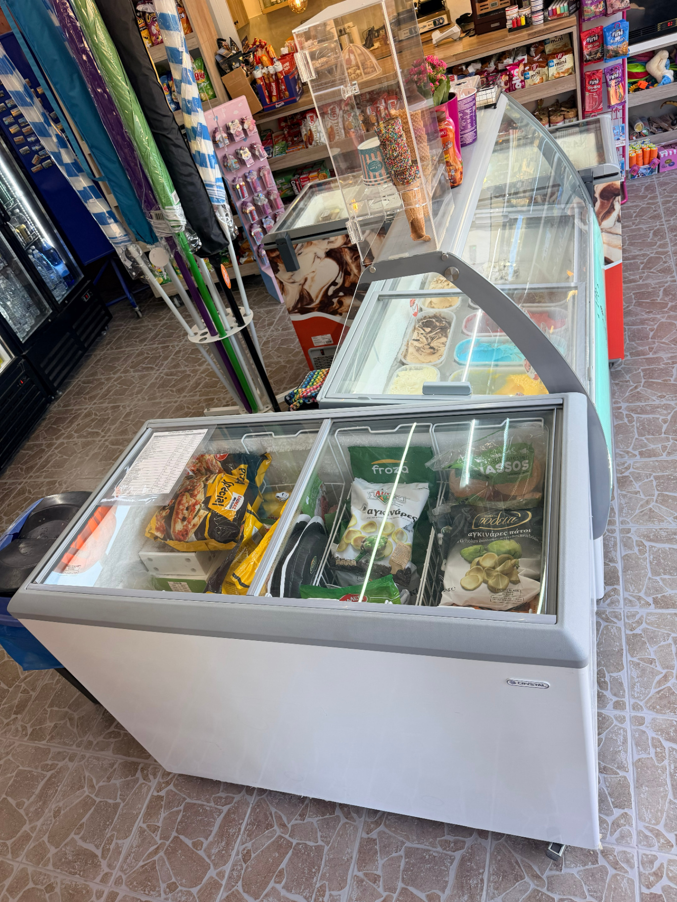 Gelato freezer with fresh Italian style ice cream flavors near Marathi Beach Chania Crete